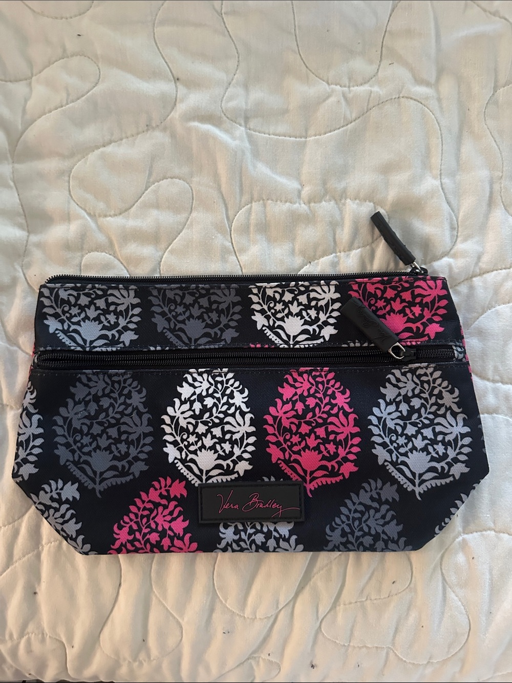 Vera Bradley Black Pink Gray Floral Double-Zip Cosmetic Pouch